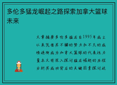 多伦多猛龙崛起之路探索加拿大篮球未来